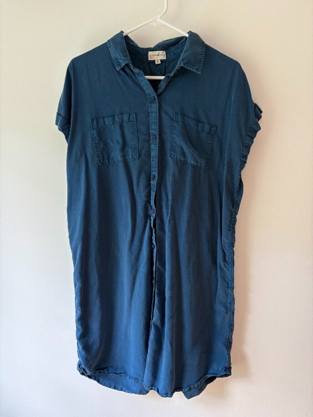 Wonderly Teal Blue Tencel Lyocell Button Down Shirt Dress Size M